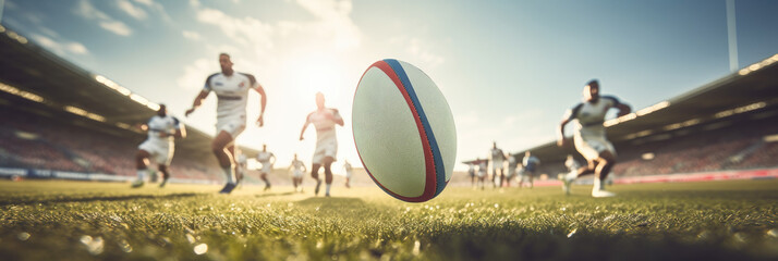 a rugby team runs after a rugby ball in the center of the panoramic image