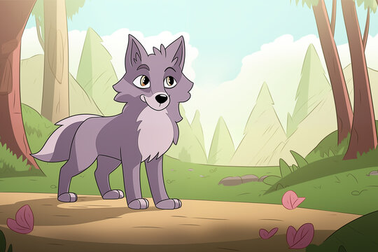 Cartoon Image of a Cute Wolf in a Summer Forest