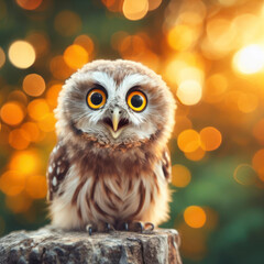 Photo of a Shocked real owl on nature bokeh background. ai generative