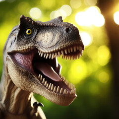 Photo of a Shocked real T-Rex on nature bokeh background. ai generative