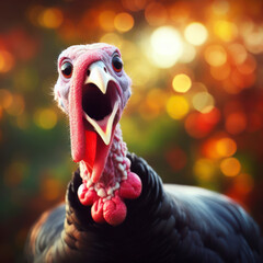 Photo of a Shocked real turkey on nature bokeh background. ai generative - obrazy, fototapety, plakaty