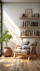A space to read with a wooden floor, white walls, and bookshelves .