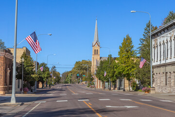 Historic downtown Jordan Minnesota street scene looking down Broadway Street