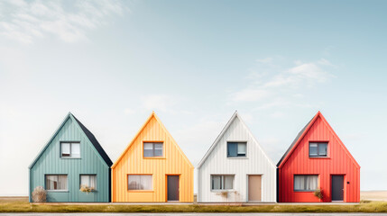 Four simple houses next to each other. Street view of multiple colorful  wooden buildings.