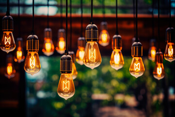 Group of vintage incandescent light bulbs illuminated in a dark environment. Decorative vintage design lightbulbs. - Powered by Adobe
