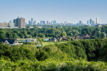 Fototapeta premium Skyline of Rotterdam with Rotte river and Hoge Bergse Bos recreational area in the foreground