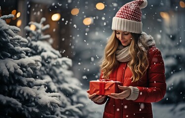 Using a phone, a woman wearing a red jumper and hat stands next to a Christmas tree in a nicely decorated backyard during a snowfall, holding a gift box. .