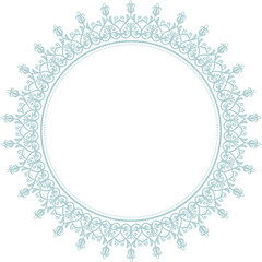 Oriental light blue round frame with arabesques and floral elements. Floral border with vintage pattern. Greeting card with circle and place for text