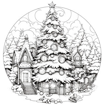 Coloring page for children Christmas tree and gifts. Vector style illustration