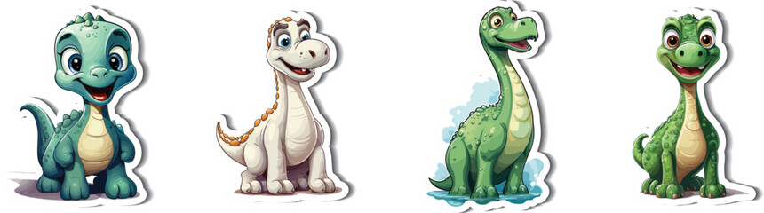 Obraz premium Animated Dinosaur Friends: A delightful collection of four friendly cartoon dinosaurs, each with their own unique expression, brought to life with vibrant colors and playful design.