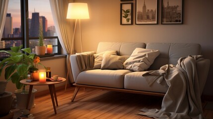 The heart of a home is embodied in a living room featuring a gray sofa adorned with a comforting green blanket. The wooden floor exudes warmth, and a thoughtfully placed chair