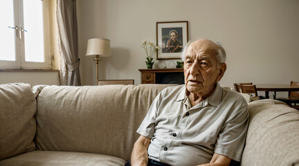 Senior man sitting on sofa in the retirement house