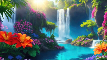 Paradise landscape with beautiful  gardens, waterfalls and flowers, magical idyllic background with many flowers in eden.