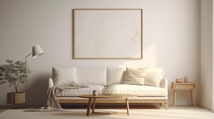 A white frame hanging on a wall in a cozy living room with soft lighting, a beige sofa, and a small wooden side table.