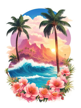 Palm tree on a tropical island with beach and sea waves, flat sticker illustration isolated on white.