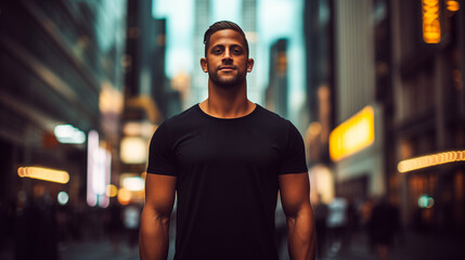 Obraz premium Mock de camiseta negra en un modelo en una ciudad 
