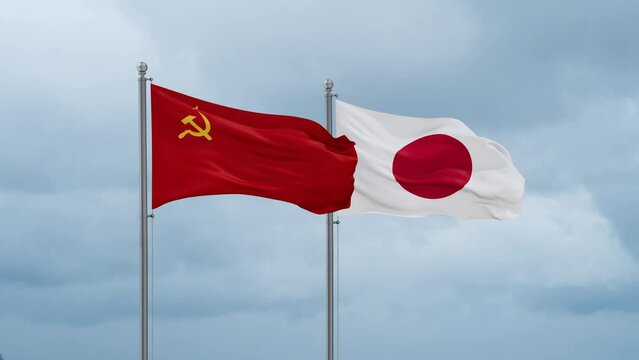 Japan flag and Soviet Union or USSR flag waving together on cloudy sky, endless seamless loop, two country relations concept