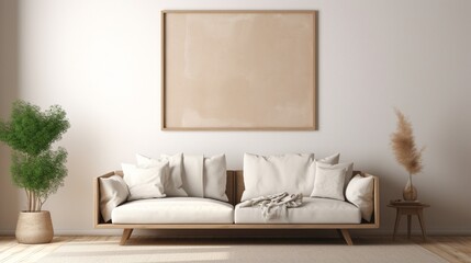 A white frame hanging on a wall in a serene living room with a beige couch, soft cushions, and a fluffy rug.