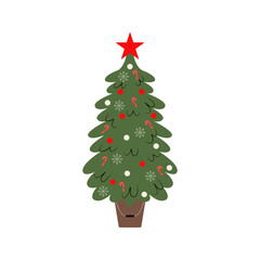 Decorated Christmas tree with gift boxes, stars, lights, decoration balls, and lamps. Merry Christmas and a happy new year. Flat style vector illustration