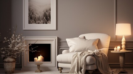 A white frame hanging on a wall in a cozy living room with a fireplace, soft lighting, and a plush armchair.