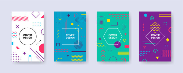 Set of covers in modern Memphis style. Colored covers with a minimalist design. Cool geometric background for your design. Applicable for banners, web cover, posters, placards, flyers, etc. 