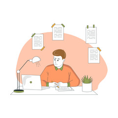Young man learning at home online. Flat vector illustration.