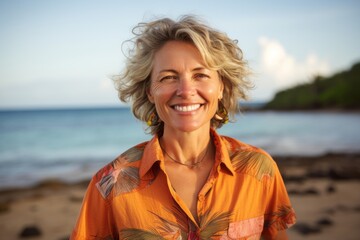 Portrait of a joyful woman in her 50s sporting a vented fishing shirt against a tropical island...