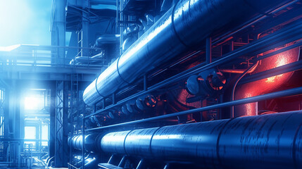 Large oil pipeline and gas,Industry pipeline transport petrochemical, gas and oil processing, furnace factory line, rack of heat chemical manufacturing, equipment steel pipes plant - obrazy, fototapety, plakaty