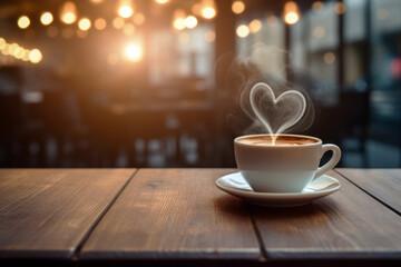 Close up of coffee with heart shape smoke on wooden table in background of modern cafe. Lifestyle...