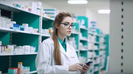 Professional Female pharmacist Wearing white medical Lab Coat in pharmacy. Druggist in Drugstore Store with Shelves Health Care Products