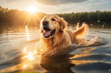 Golden retriever swims in the lake on soft sunny background. Happy healthy dog's life concept. AI generated - obrazy, fototapety, plakaty