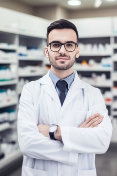 Professional Male pharmacist Wearing white medical Lab Coat in pharmacy. Druggist in Drugstore Store with Shelves Health Care Products