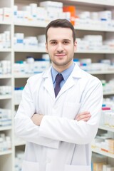 Professional Male pharmacist Wearing white medical Lab Coat in pharmacy. Druggist in Drugstore Store with Shelves Health Care Products