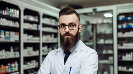 Professional Male pharmacist Wearing white medical Lab Coat in pharmacy. Druggist in Drugstore Store with Shelves Health Care Products