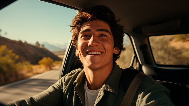 joven sonriente y feliz manejando un veh&iacute;culo 