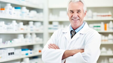 Professional Male pharmacist Wearing white medical Lab Coat in pharmacy. Druggist in Drugstore Store with Shelves Health Care Products - obrazy, fototapety, plakaty