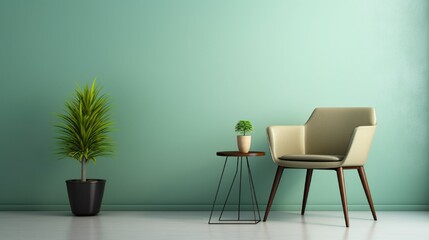 a chair and table in front of light green wall with little plant pot on side