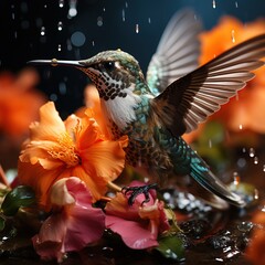 A charming hummingbird near a hibiscus flower. Nature, flowers in the background.