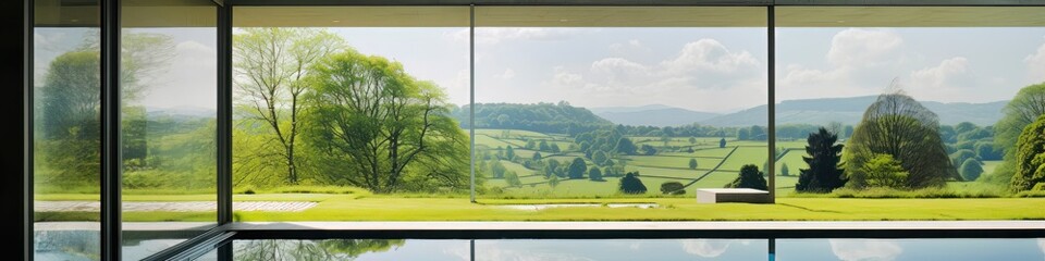 Interior of modern open space with big windows, sliding doors and view of green landscape