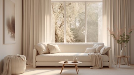A white frame hanging on a wall in a serene living room with a glimpse of a garden through the window, a beige sofa, and soft curtains.