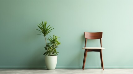a chair and table in front of light green wall with little plant pot on side