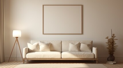 Fototapeta na wymiar A white frame hanging on a wall in a cozy living room with soft lighting, a beige sofa, and a small wooden side table.