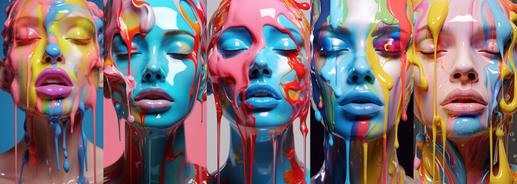 Woman's face covered in colored paint. Beauty concept colors Holi festival.