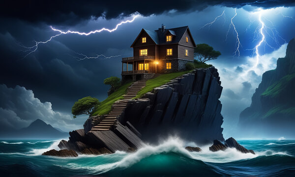 A house on a cliff in the middle of the ocean. Storm. Fantastic landscape. AI