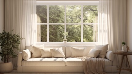 A white frame hanging on a wall in a serene living room with a glimpse of a garden through the window, a beige sofa, and soft curtains.