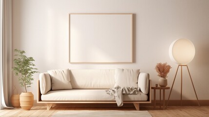 A white frame hanging on a wall in a cozy living room with soft lighting, a beige sofa, and a small wooden side table.