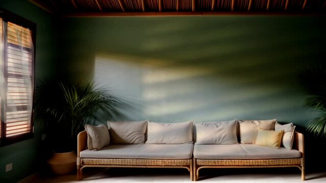 Modern living room with luxury sofa against sunlight on green wall. Living room interior background, 4K virtual animation overlay loop