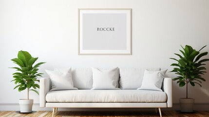 A white frame mockup in a bright living room with a white sofa, wooden floor, and a touch of greenery.