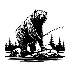 Grizzly Bear Fishing in the Wild Vector Illustration