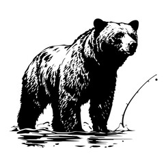 Grizzly Bear Fishing in the Wild Vector Illustration